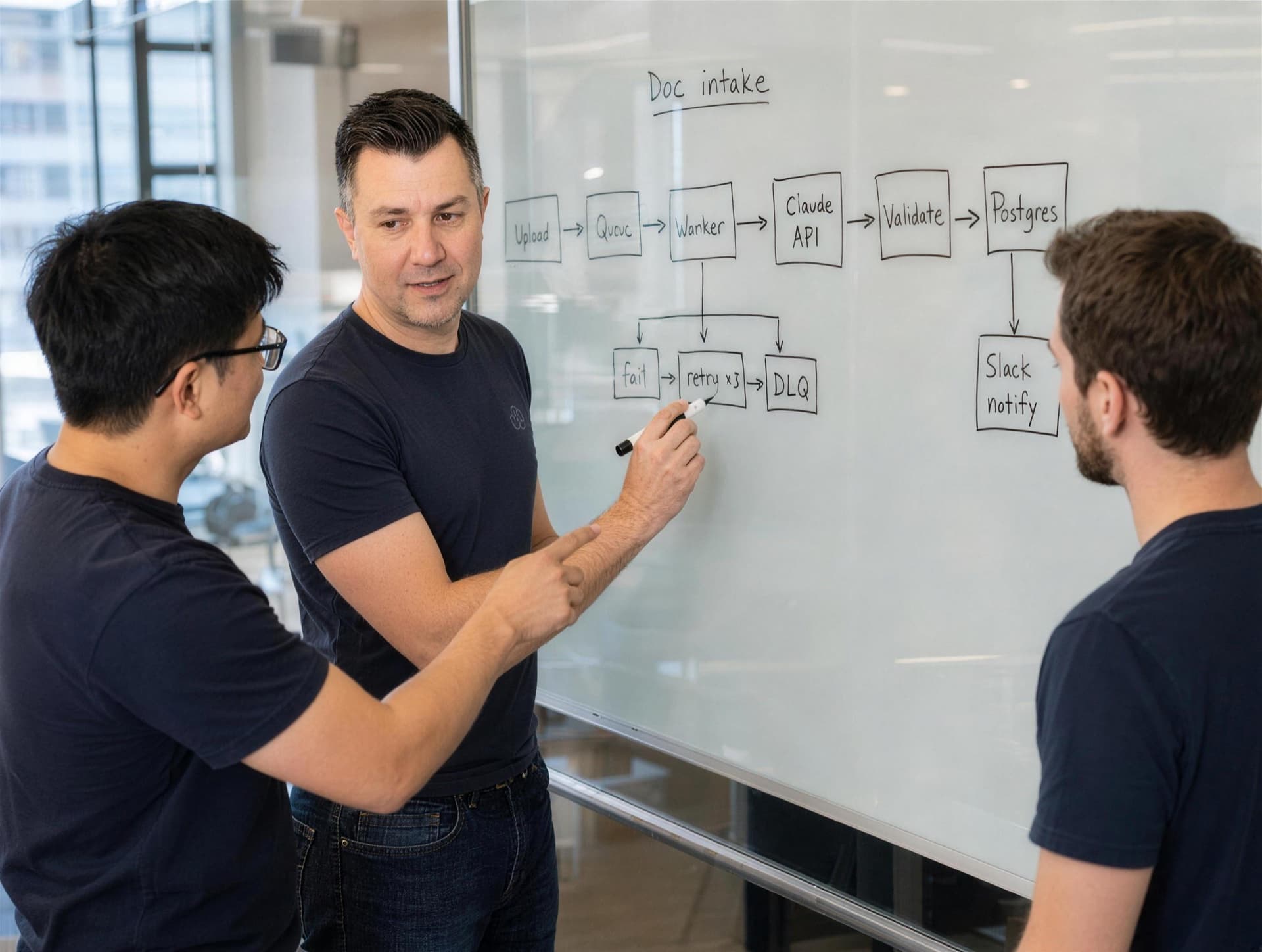 At the whiteboard sketching a document-intake pipeline with two colleagues