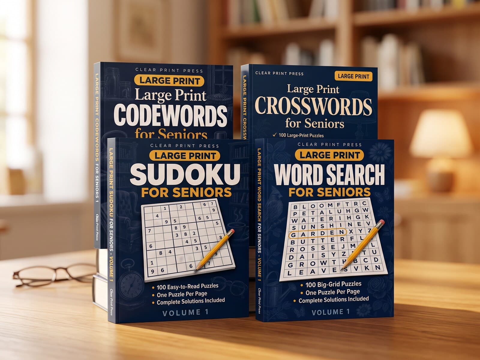 The Clear Print Press line as a product hero — the four large-print titles (Sudoku, Word Search, Codewords, and Crosswords for Seniors) standing on a warm wooden table in a cozy, softly-lit reading room.