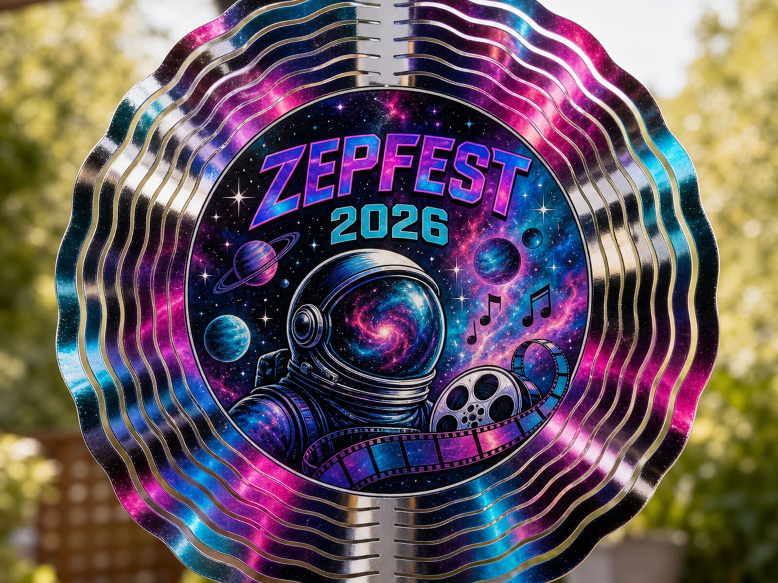 A ZepFest 2026 galaxy wind spinner — one of the event-drop products, with artwork produced as part of the build.