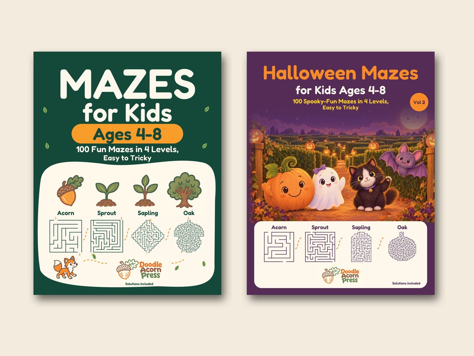 The two Doodle Acorn Press books side by side on a warm cream background: the green Mazes for Kids Ages 4–8 cover with its Acorn, Sprout, Sapling and Oak levels, and the purple Halloween Mazes Vol 2 cover with a pumpkin, ghost, cat and bat in a hedge maze.