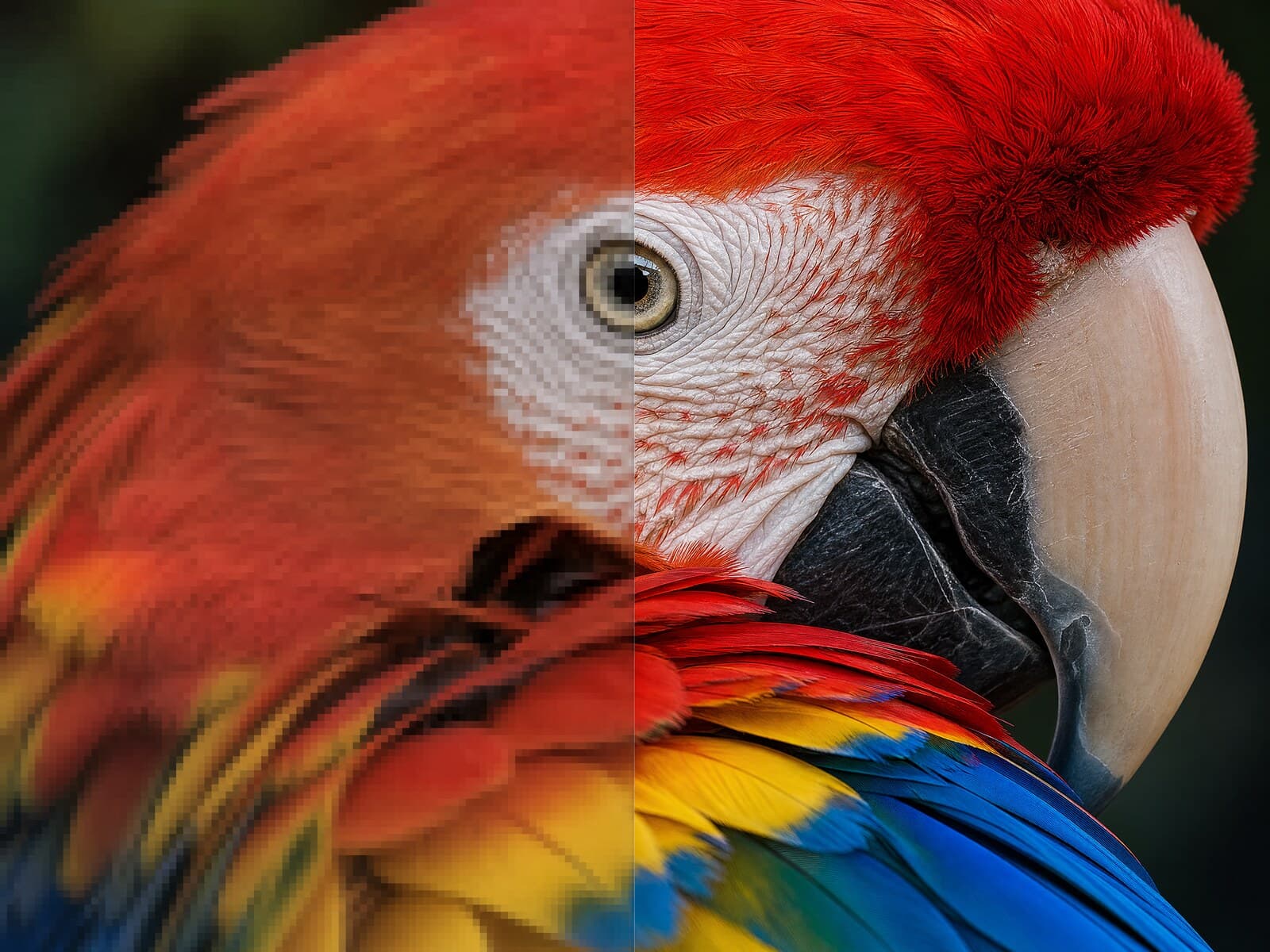 A single macro photograph of a scarlet macaw's face split down the middle: the left half soft, dull and visibly pixelated, the right half razor-sharp with vivid red, gold and blue plumage and fine feather detail — the before/after of honest image optimization.