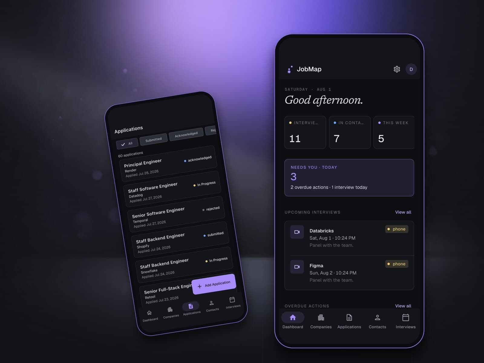 Two phones float in a dark violet studio, showing the real JobMap app: the dashboard — brand logo, interview and in-contact counts, a 'Needs You Today' card, and upcoming interviews with Databricks and Figma — beside an angled phone listing tracked applications by company and stage.