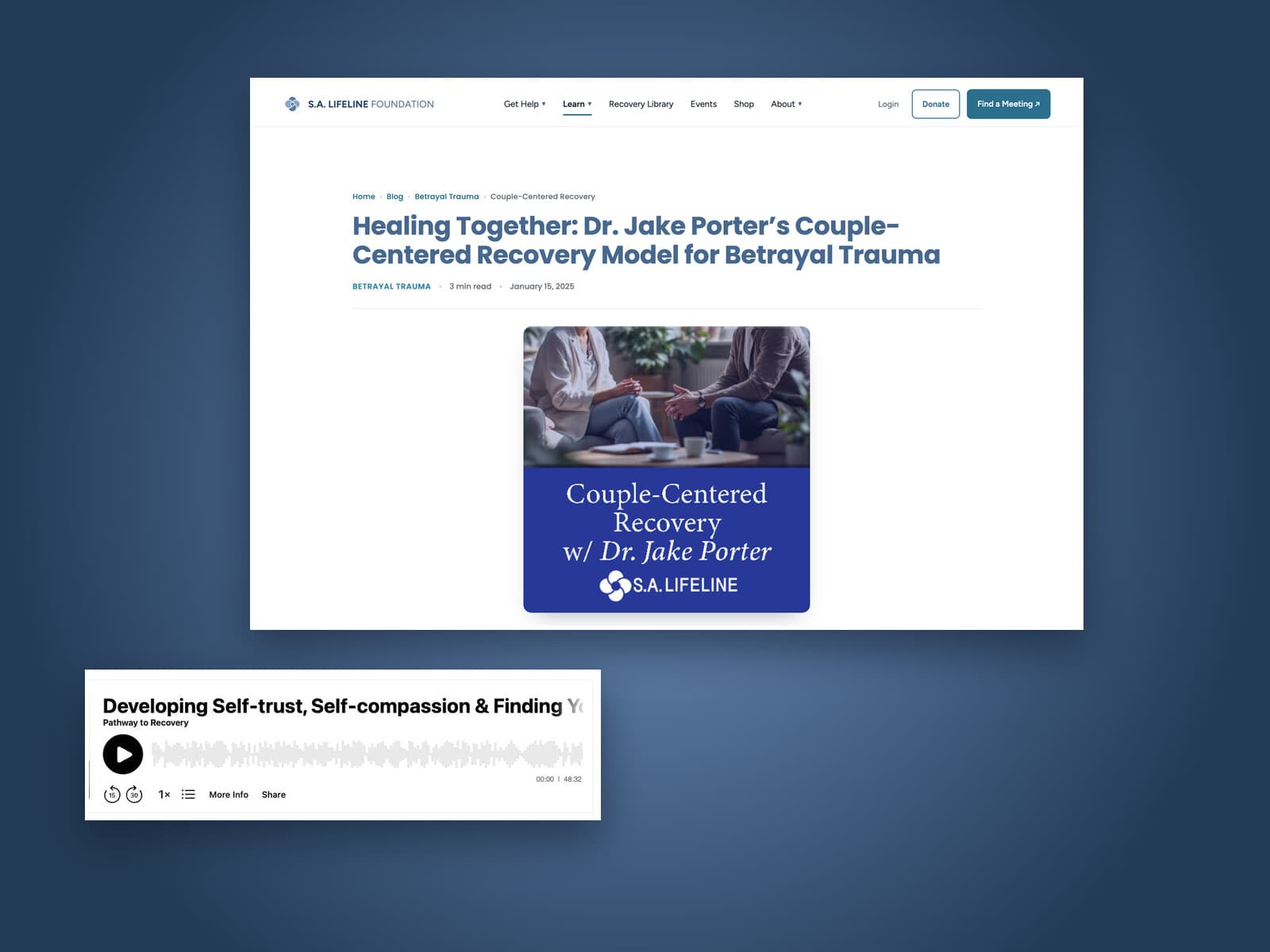 The S.A. Lifeline Foundation site as we rebuilt it — a redesigned blog article on a recovery topic sitting beside one of the podcast episodes we turned into a full, indexable web page.