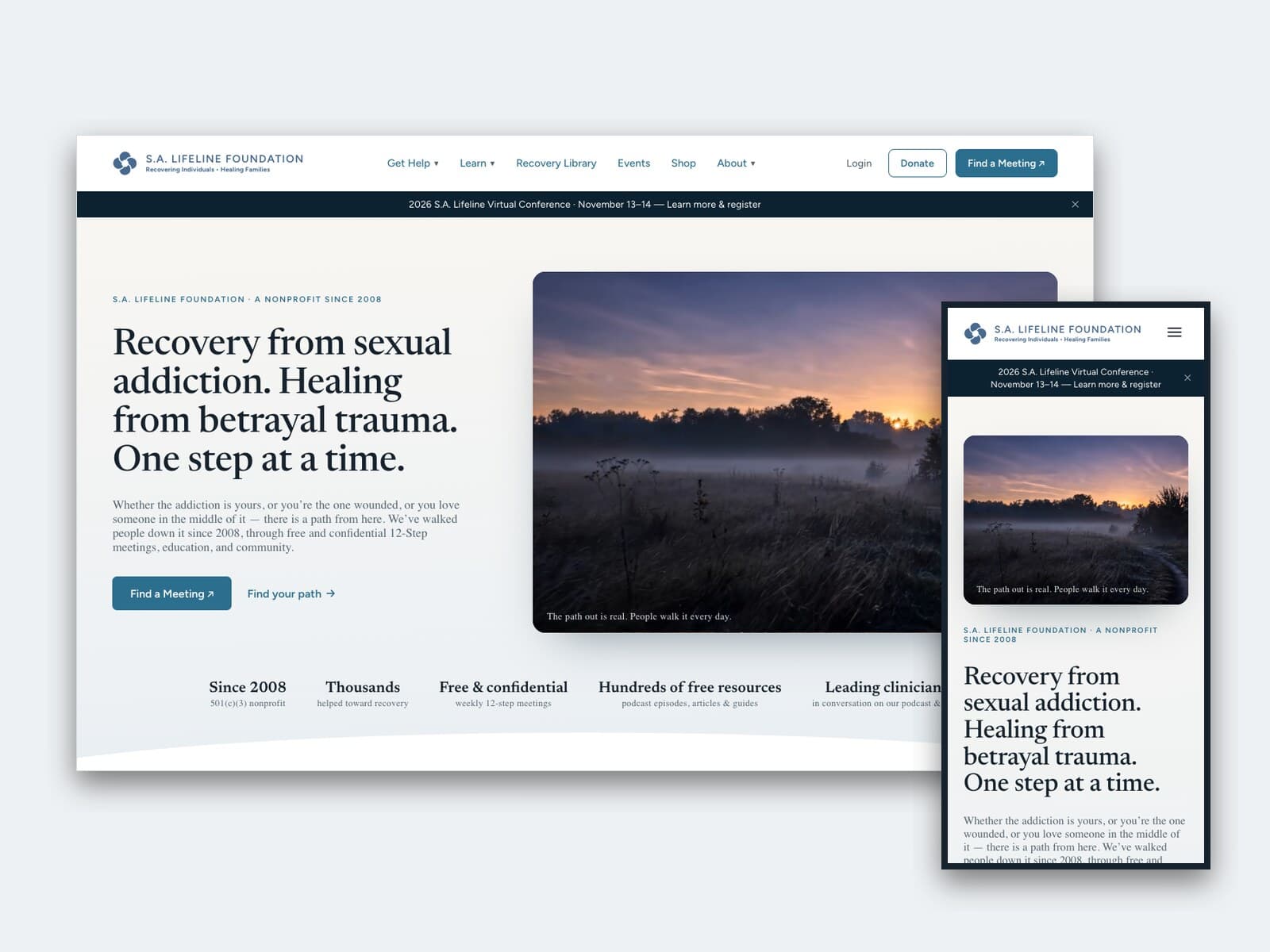 The redesigned S.A. Lifeline Foundation homepage on desktop and mobile: a calm serif headline beside a misty dawn path, with grouped navigation — Get Help, Learn, Recovery Library — and a Find a Meeting button.