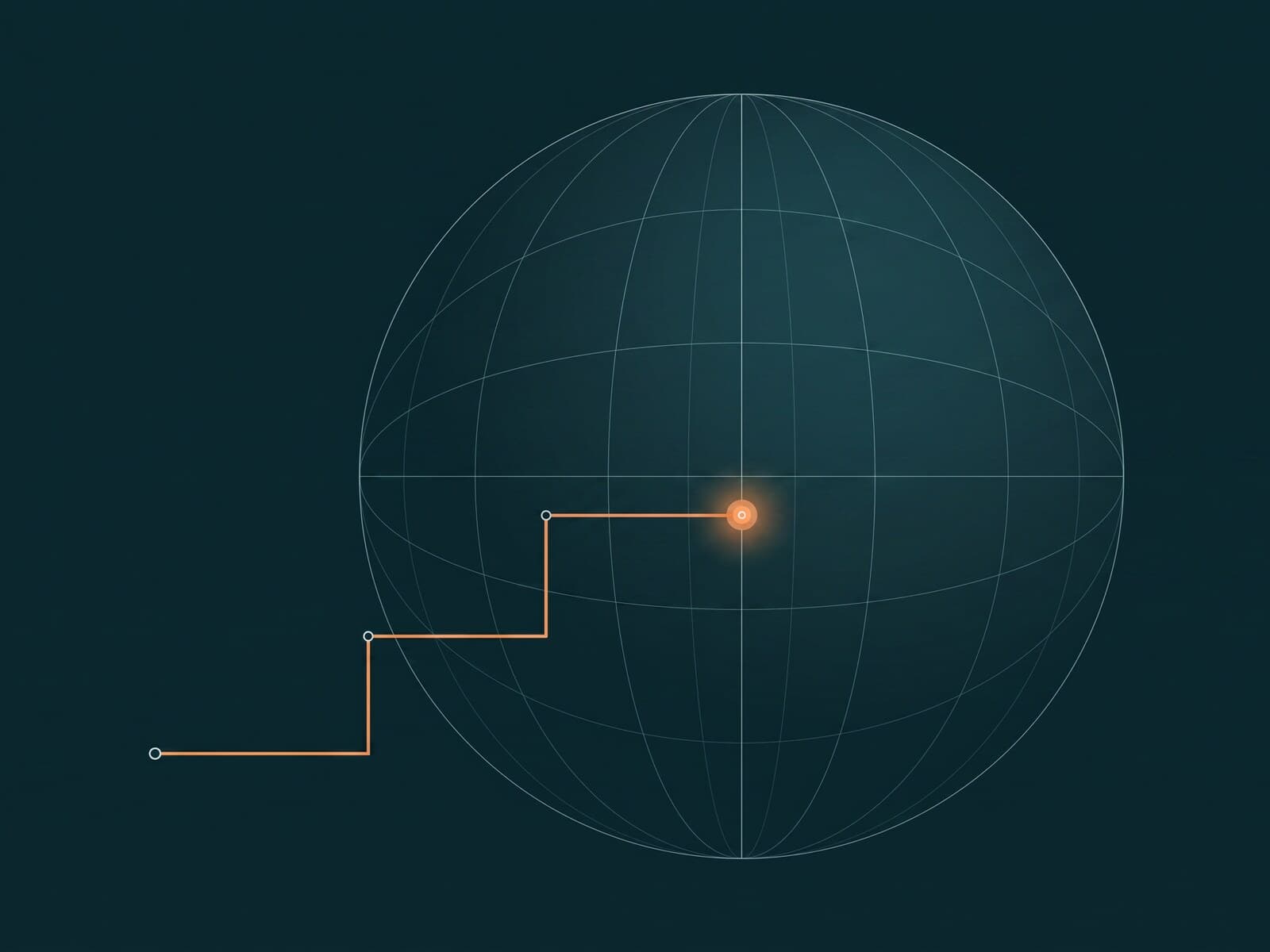 Pipeline Meridian's brand mark as an editorial key visual: a fine petrol-teal wireframe meridian globe on a deep petrol field, crossed by a single stepped copper route that rises left to right through two open waypoint nodes and terminates in one glowing copper endpoint — signal to a single booked meeting, not a lead list.