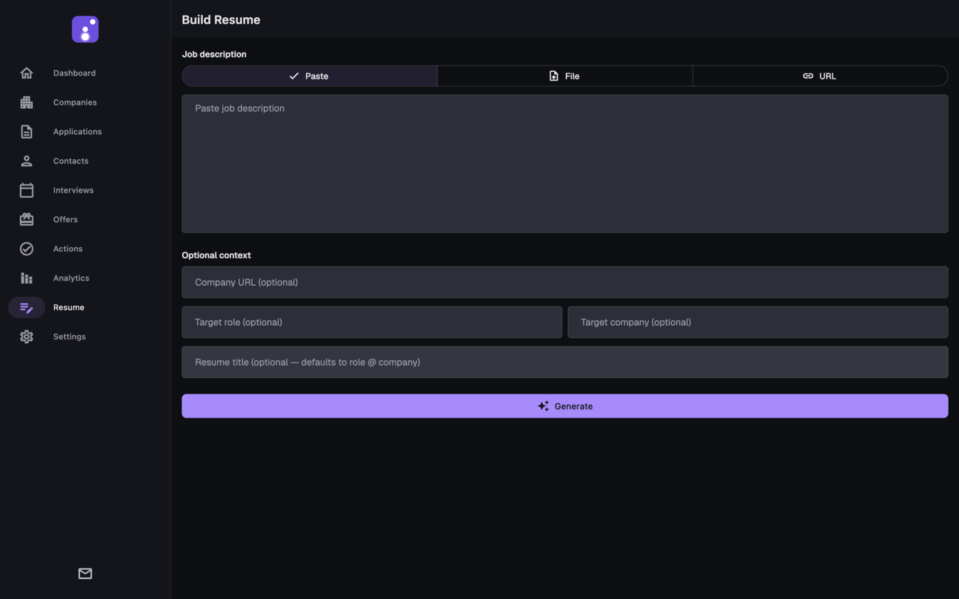 The AI resume builder — a job description in, a tailored resume out